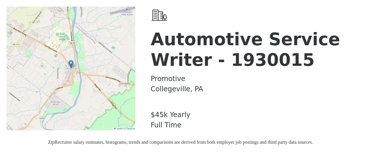 Promotive job posting for a Automotive Service Writer - 1930015 in Collegeville, PA with a salary of $40,000 to $45,000 Yearly with a map of Collegeville location.