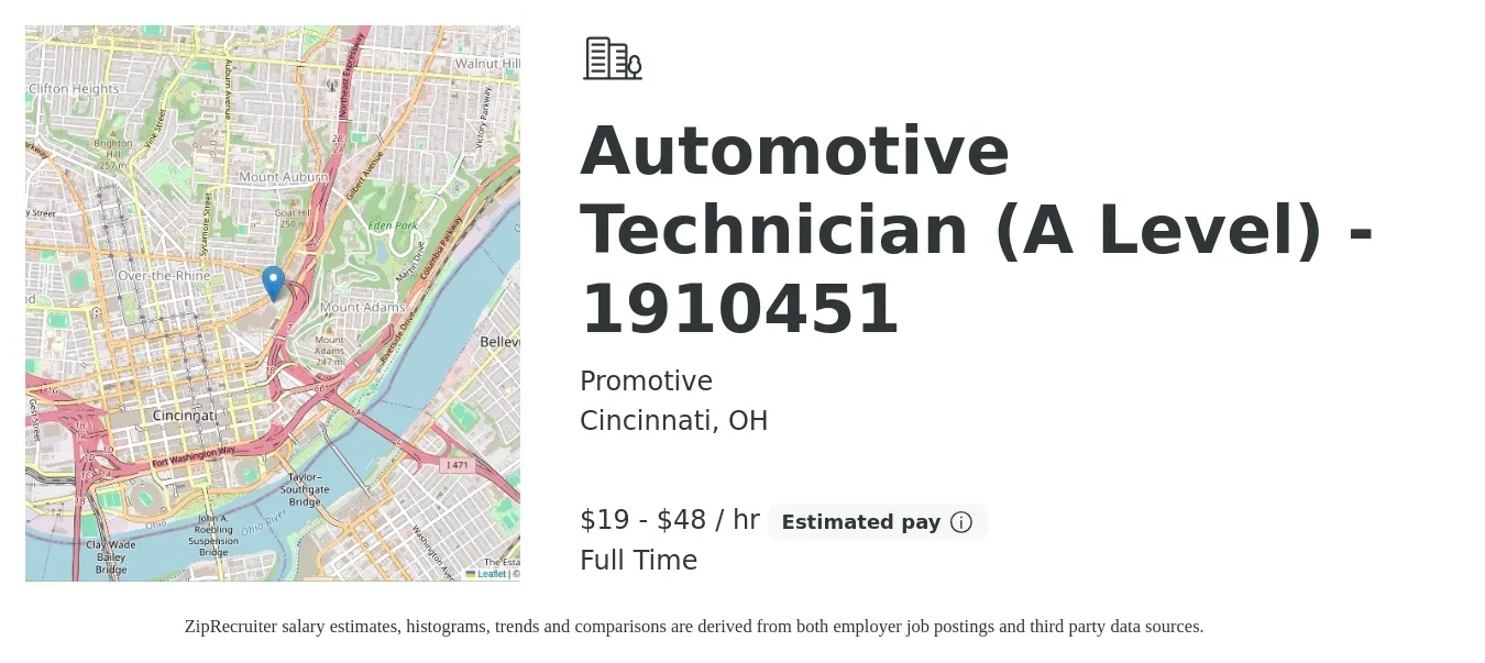 Promotive job posting for a Automotive Technician (A Level) - 1910451 in Cincinnati, OH with a salary of $20 to $50 Hourly with a map of Cincinnati location.