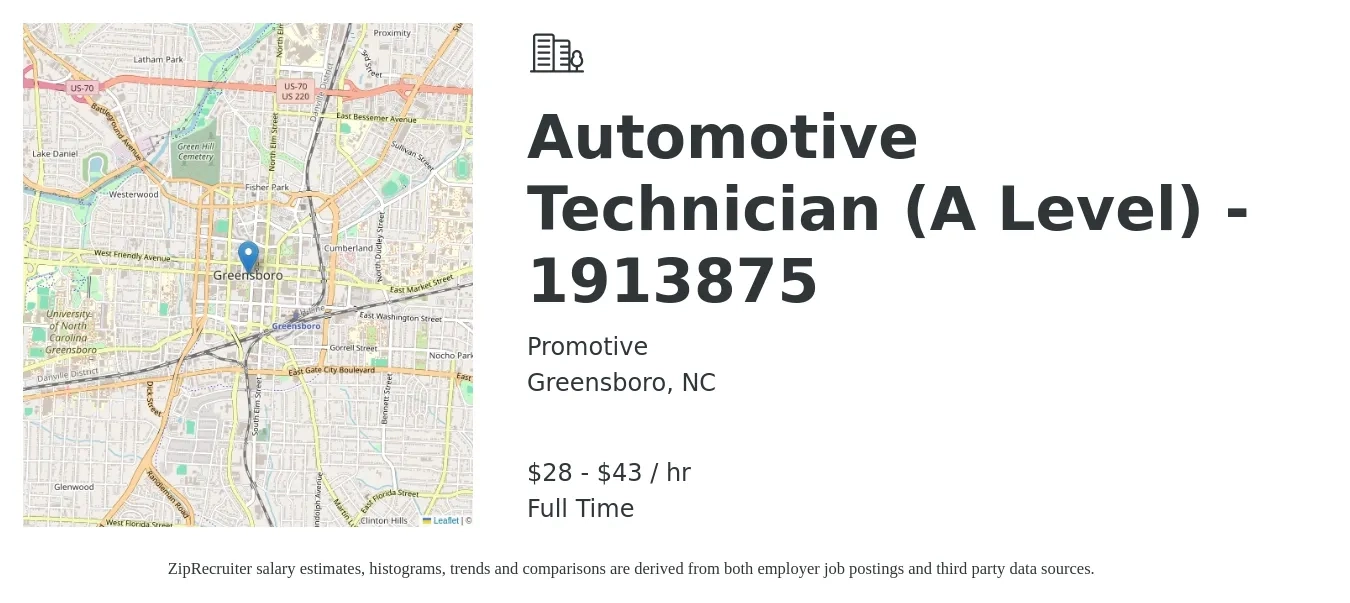 Promotive job posting for a Automotive Technician (A Level) - 1913875 in Greensboro, NC with a salary of $30 to $45 Hourly with a map of Greensboro location.