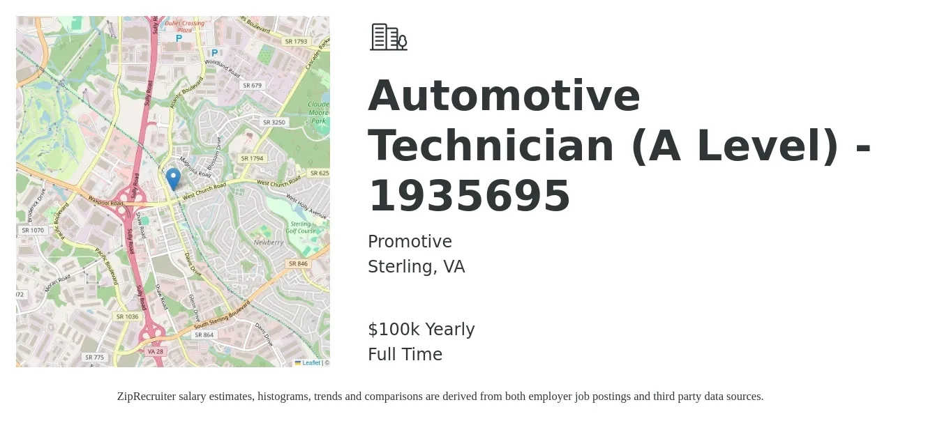 Promotive job posting for a Automotive Technician (A Level) - 1935695 in Sterling, VA with a salary of $70,000 to $100,000 Yearly with a map of Sterling location.