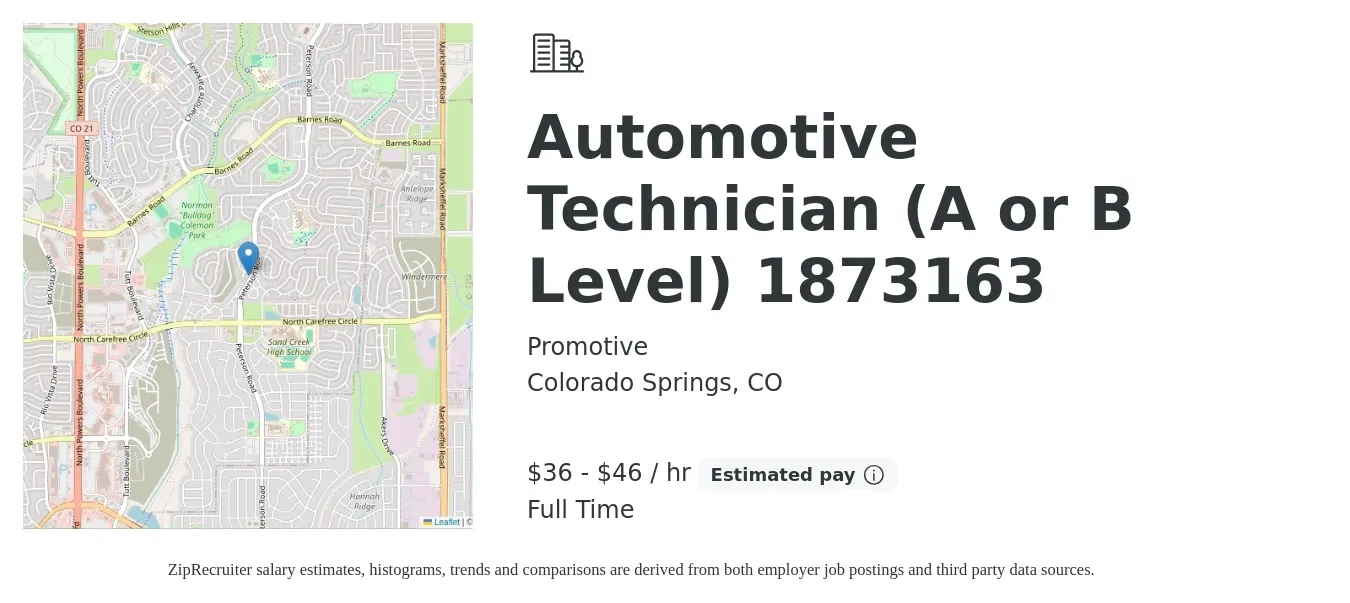 Promotive job posting for a Automotive Technician (A or B Level) 1873163 in Colorado Springs, CO with a salary of $38 to $48 Hourly with a map of Colorado Springs location.