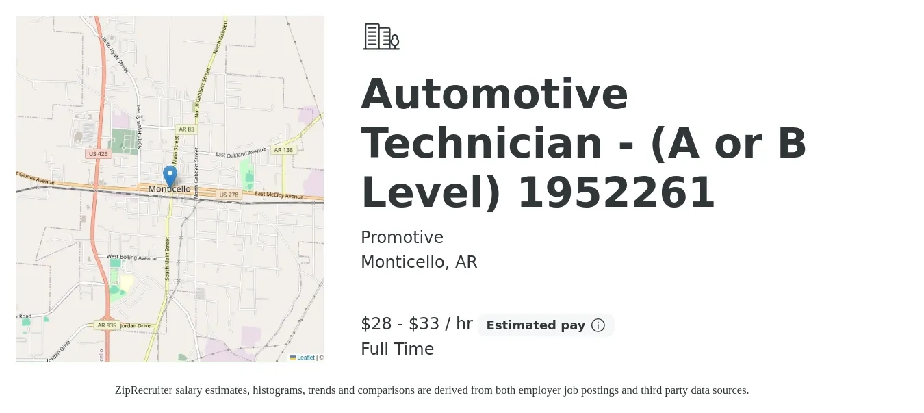 Promotive job posting for a Automotive Technician - (A or B Level) 1952261 in Monticello, AR with a salary of $30 to $35 Hourly with a map of Monticello location.