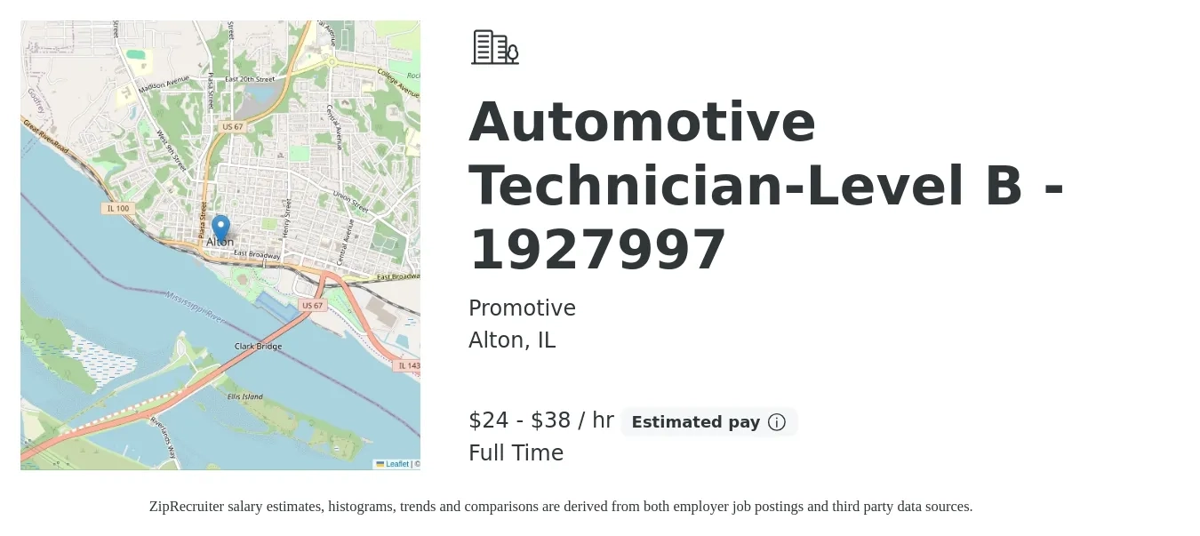 Promotive job posting for a Automotive Technician-Level B - 1927997 in Alton, IL with a salary of $25 to $40 Hourly with a map of Alton location.