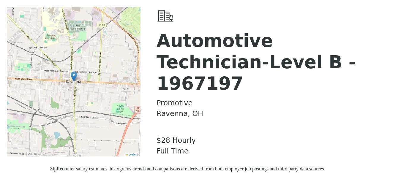Promotive job posting for a Automotive Technician-Level B - 1967197 in Ravenna, OH with a salary of $22 to $30 Hourly with a map of Ravenna location.