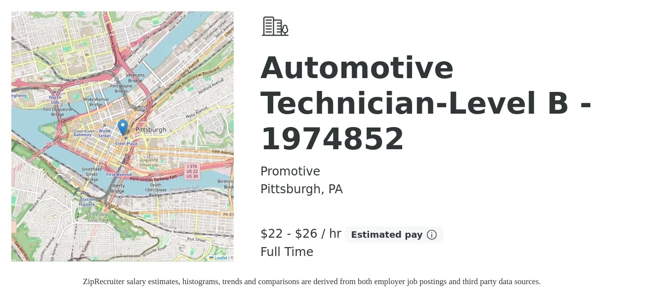 Promotive job posting for a Automotive Technician-Level B - 1974852 in Pittsburgh, PA with a salary of $23 to $28 Hourly with a map of Pittsburgh location.