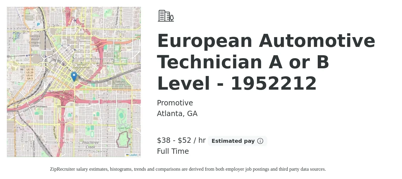 Promotive job posting for a European Automotive Technician A or B Level - 1952212 in Atlanta, GA with a salary of $40 to $55 Hourly with a map of Atlanta location.