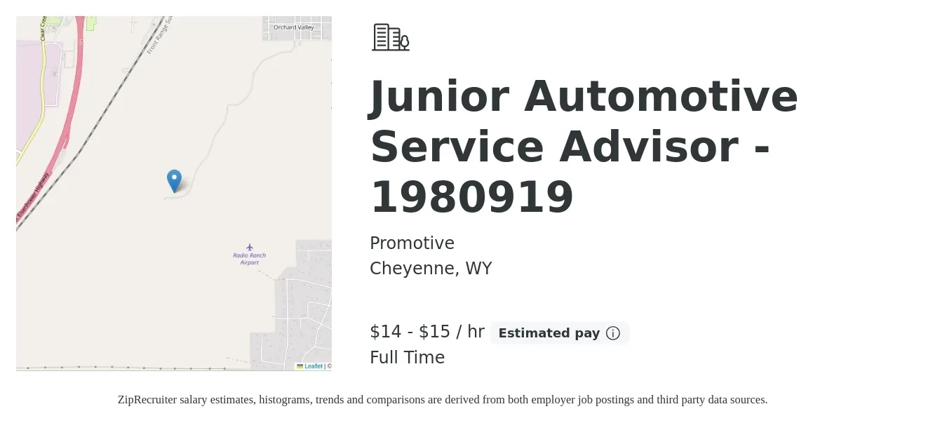 Promotive job posting for a Junior Automotive Service Advisor - 1980919 in Cheyenne, WY with a salary of $15 to $16 Hourly with a map of Cheyenne location.