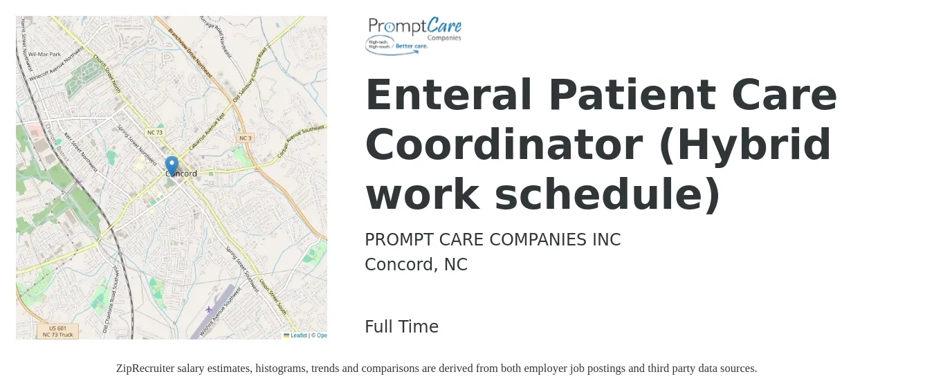 PromptCare Companies Inc job posting for a Enteral Patient Care Coordinator (Hybrid work schedule) in Concord, NC with a salary of $16 to $21 Hourly with a map of Concord location.