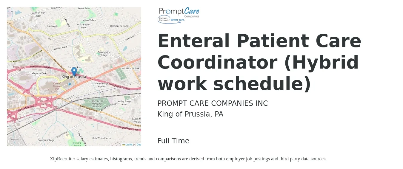 PromptCare Companies Inc job posting for a Enteral Patient Care Coordinator (Hybrid work schedule) in King of Prussia, PA with a salary of $17 to $22 Hourly with a map of King of Prussia location.