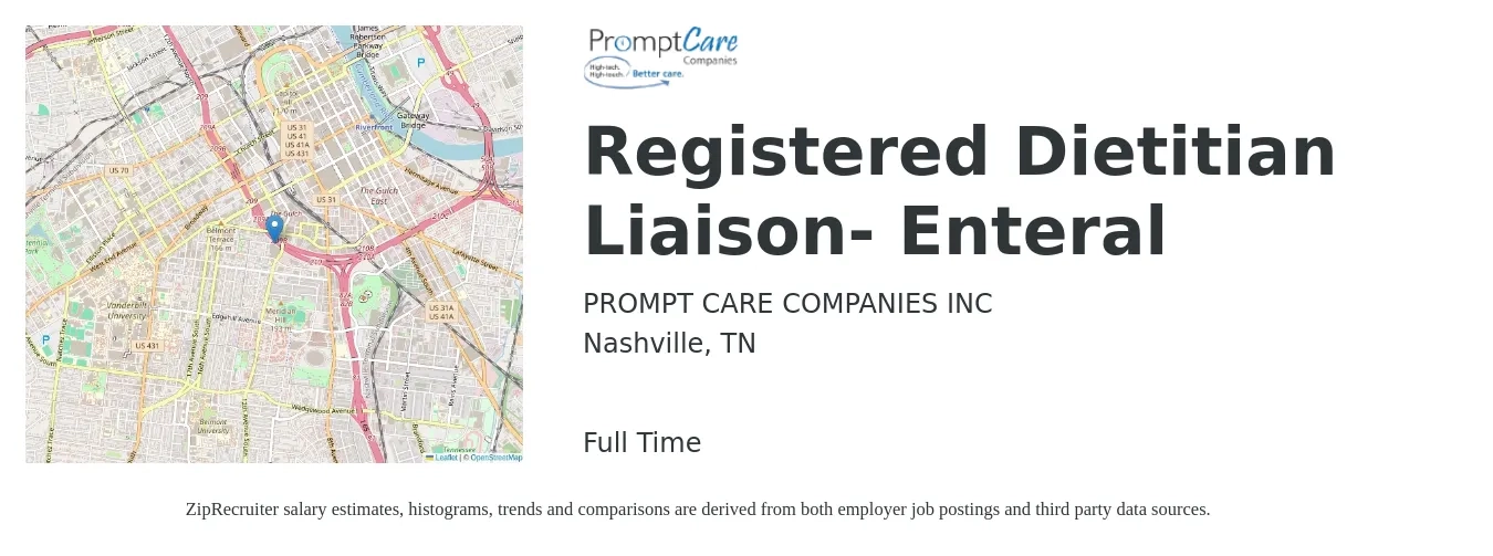 PromptCare Companies Inc job posting for a Registered Dietitian Liaison- Enteral in Nashville, TN with a salary of $30 to $40 Hourly with a map of Nashville location.