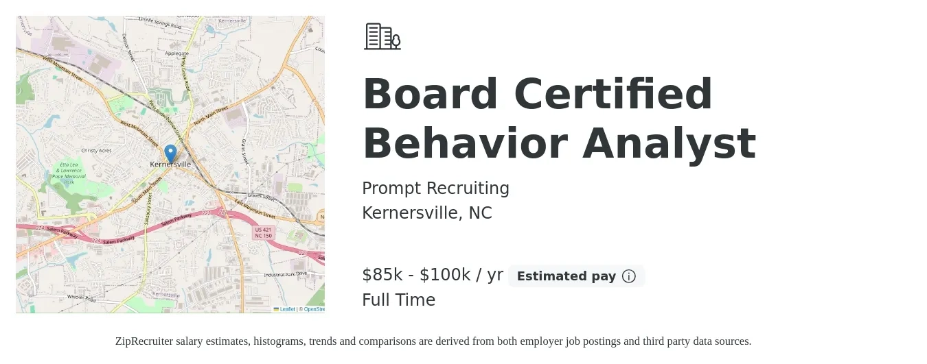 Prompt Recruiting job posting for a Board Certified Behavior Analyst in Kernersville, NC with a salary of $85,000 to $100,000 Yearly with a map of Kernersville location.