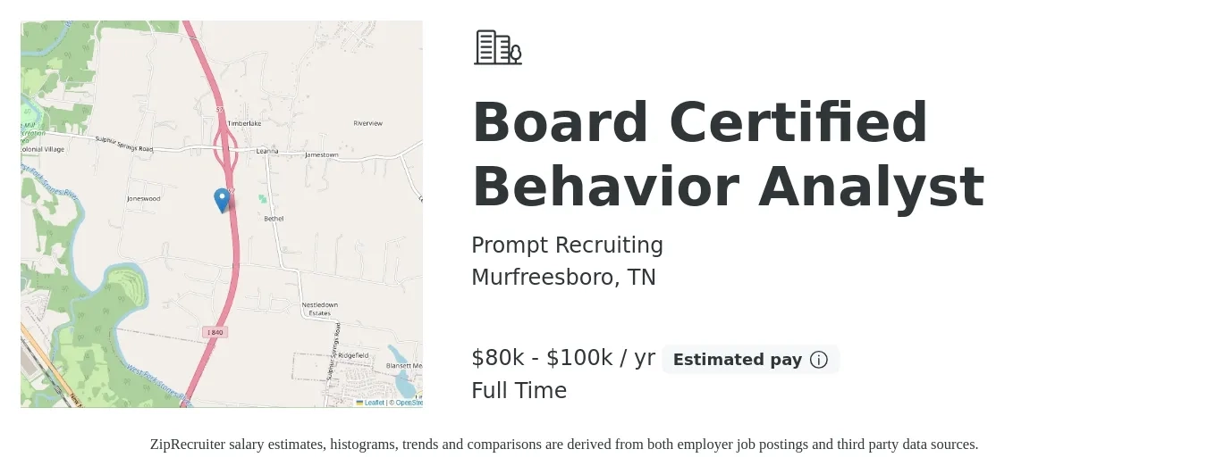 Prompt Recruiting job posting for a Board Certified Behavior Analyst in Murfreesboro, TN with a salary of $80,000 to $100,000 Yearly with a map of Murfreesboro location.
