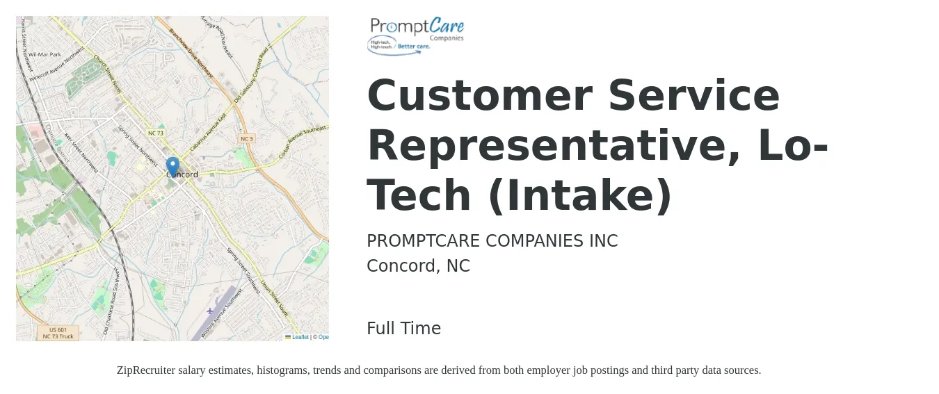 Prompt Care Companies Inc job posting for a Customer Service Representative, Lo-Tech (Intake) in Concord, NC with a salary of $14 to $20 Hourly with a map of Concord location.