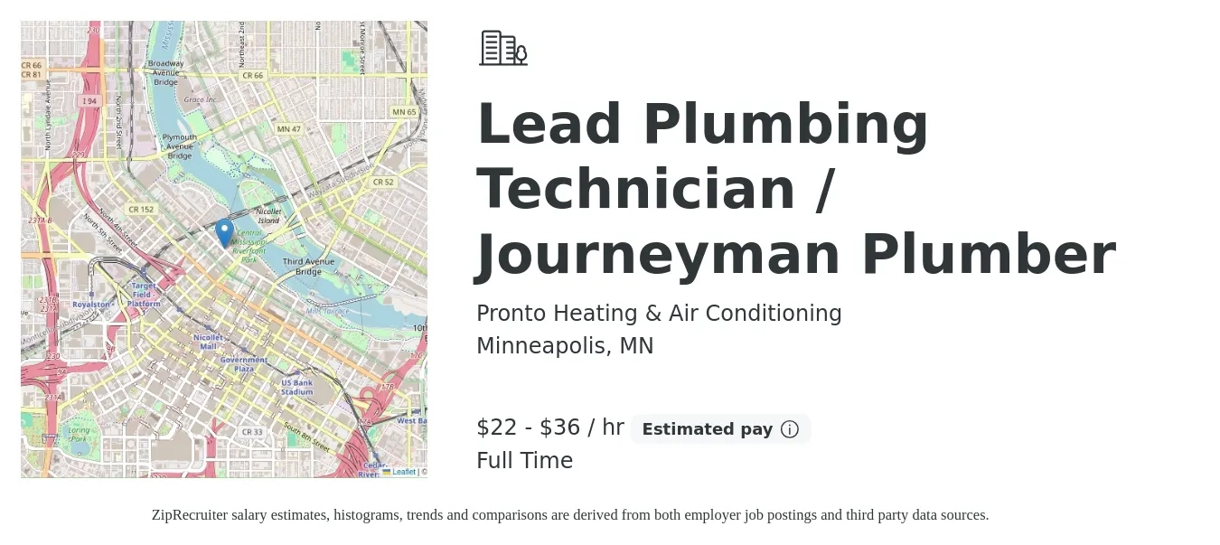 Pronto Heating & Air Conditioning job posting for a Lead Plumbing Technician / Journeyman Plumber in Minneapolis, MN with a salary of $23 to $38 Hourly with a map of Minneapolis location.