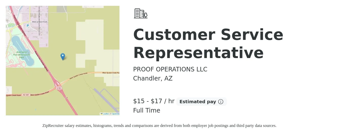PROOF OPERATIONS LLC job posting for a Customer Service Representative in Chandler, AZ with a salary of $16 to $18 Hourly with a map of Chandler location.