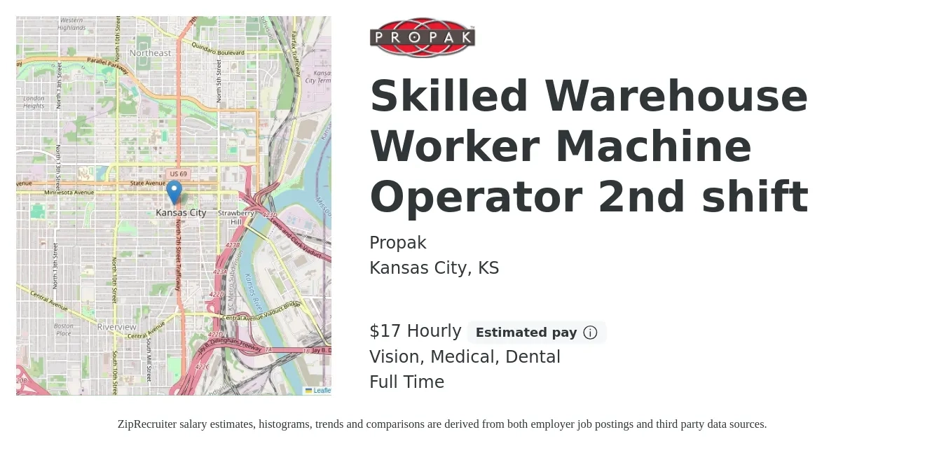 Propak job posting for a Skilled Warehouse Worker Machine Operator 2nd shift in Kansas City, KS with a salary of $18 Hourly and benefits including life_insurance, medical, pto, vision, and dental with a map of Kansas City location.