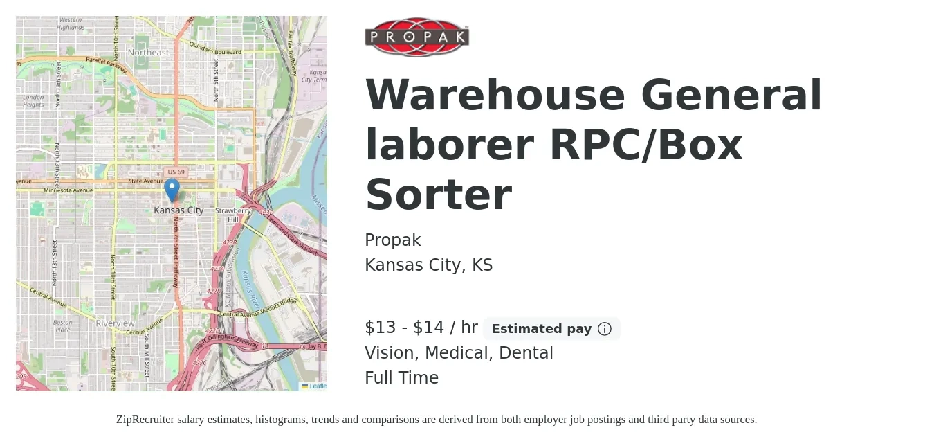 Propak job posting for a Warehouse General laborer RPC/Box Sorter in Kansas City, KS with a salary of $14 to $15 Hourly and benefits including dental, life_insurance, medical, pto, and vision with a map of Kansas City location.