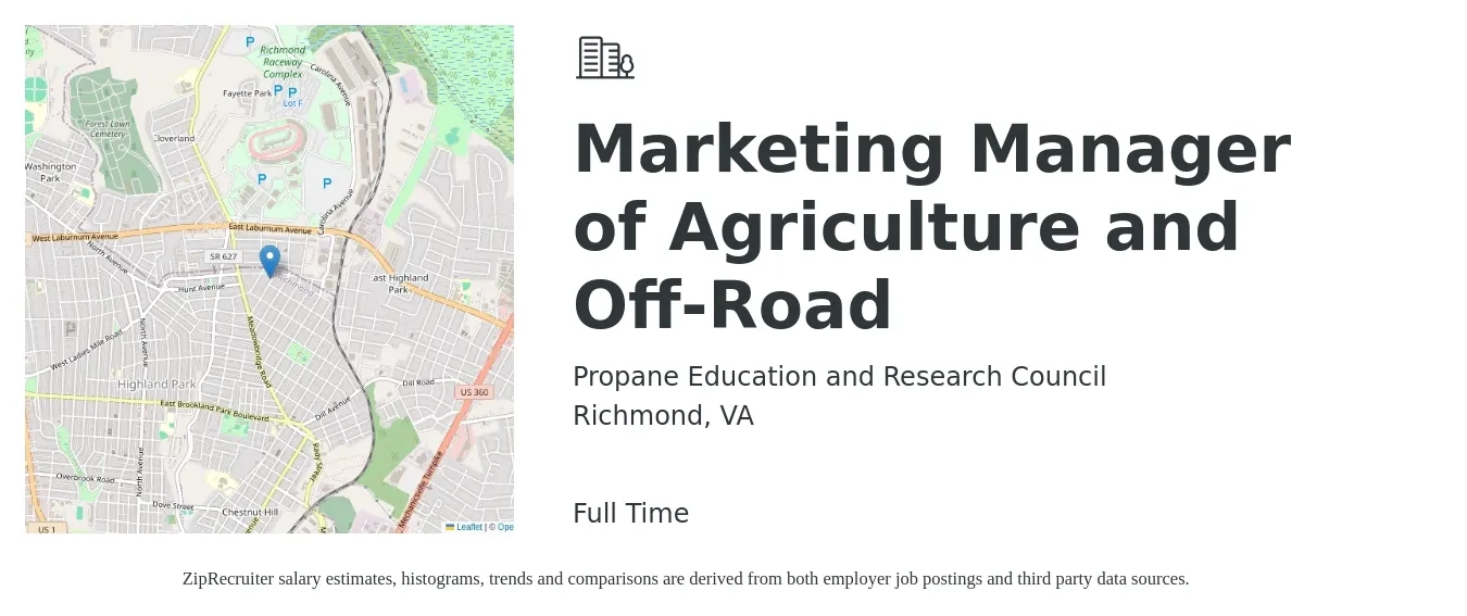 Propane Education and Research Council job posting for a Marketing Manager of Agriculture and Off-Road in Richmond, VA with a salary of $80,000 to $90,000 Yearly with a map of Richmond location.