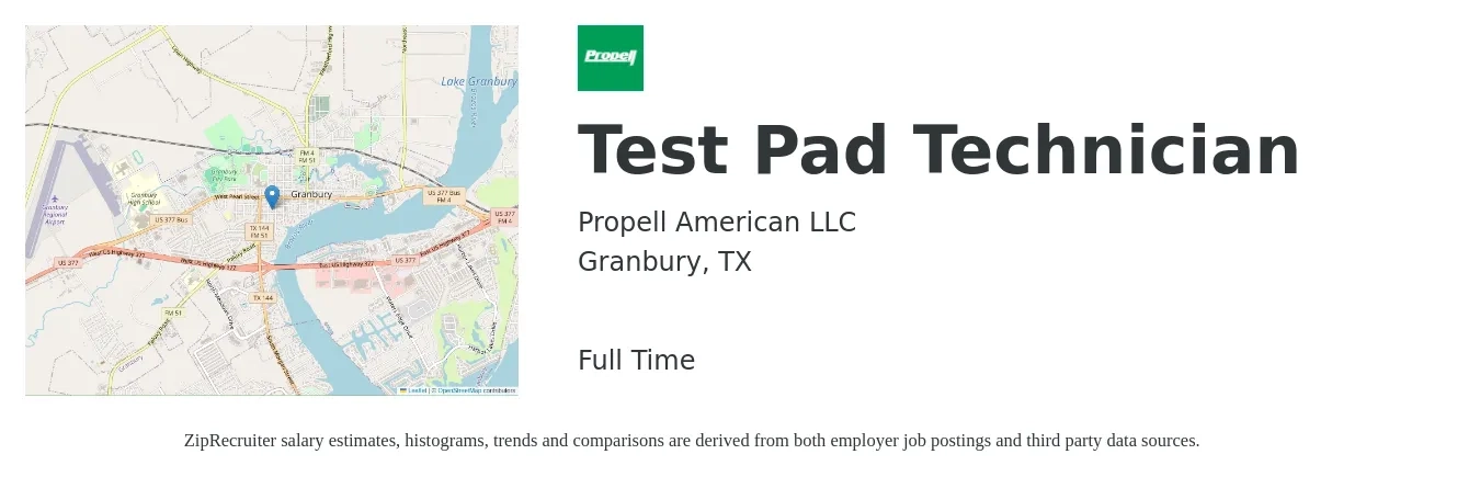 Propell American LLC job posting for a Test Pad Technician in Granbury, TX with a salary of $18 to $25 Hourly with a map of Granbury location.