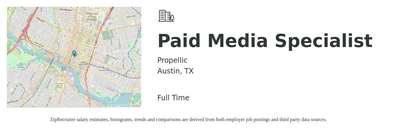 Propellic job posting for a Paid Media Specialist in Austin, TX with a salary of $42,200 to $71,200 Yearly with a map of Austin location.
