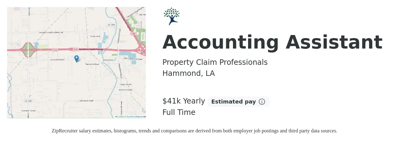 Property Claim Professionals job posting for a Accounting Assistant in Hammond, LA with a salary of $41,600 Yearly with a map of Hammond location.