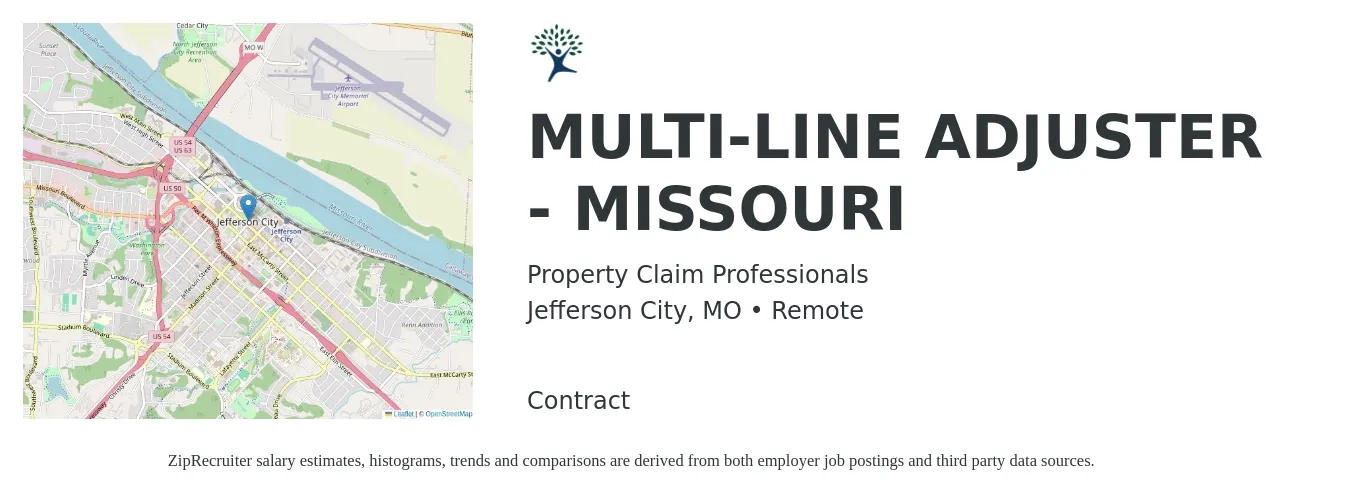 Property Claim Professionals job posting for a MULTI-LINE ADJUSTER - MISSOURI in Jefferson City, MO with a salary of $48,300 to $71,600 Yearly with a map of Jefferson City location.
