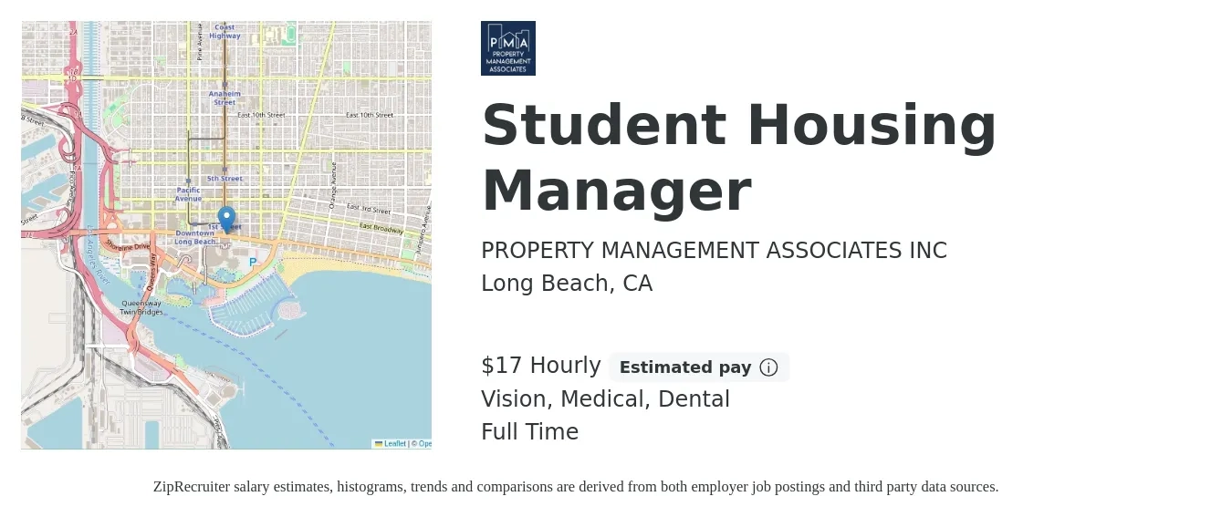 PROPERTY MANAGEMENT ASSOCIATES INC job posting for a Student Housing Manager in Long Beach, CA with a salary of $18 Hourly and benefits including retirement, vision, dental, life_insurance, and medical with a map of Long Beach location.