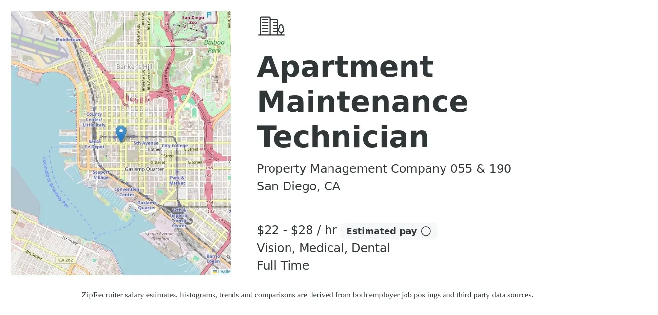 Property Management Company 055 & 190 job posting for a Apartment Maintenance Technician in San Diego, CA with a salary of $23 to $30 Hourly (plus commission) and benefits including medical, retirement, vision, dental, and life_insurance with a map of San Diego location.