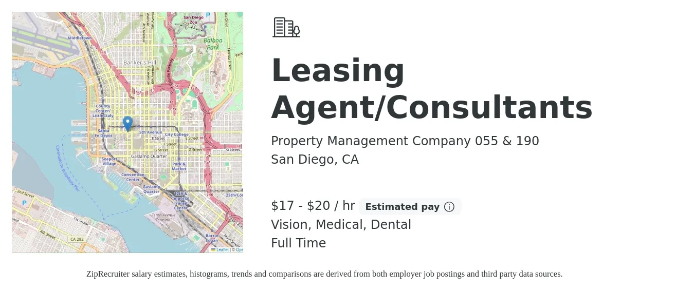 Property Management Company 055 & 190 job posting for a Leasing Agent/Consultants in San Diego, CA with a salary of $18 to $21 Hourly and benefits including retirement, vision, dental, and medical with a map of San Diego location.