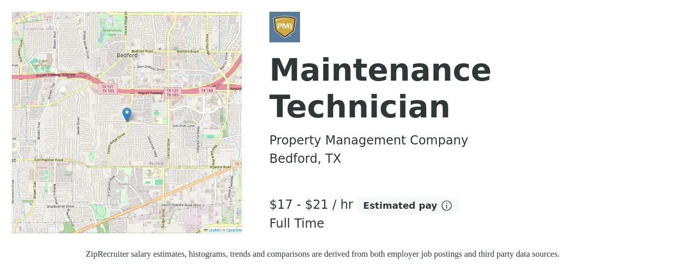 Property Management Company job posting for a Maintenance Technician in Bedford, TX with a salary of $18 to $22 Hourly with a map of Bedford location.
