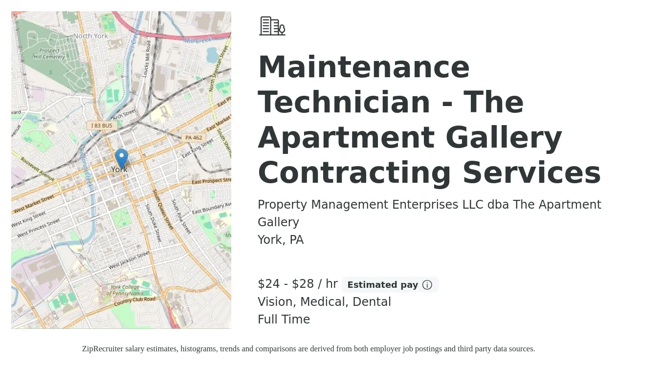 Property Management Enterprises LLC dba The Apartment Gallery job posting for a Maintenance Technician - The Apartment Gallery Contracting Services in York, PA with a salary of $25 to $30 Hourly and benefits including medical, pto, retirement, vision, dental, and life_insurance with a map of York location.