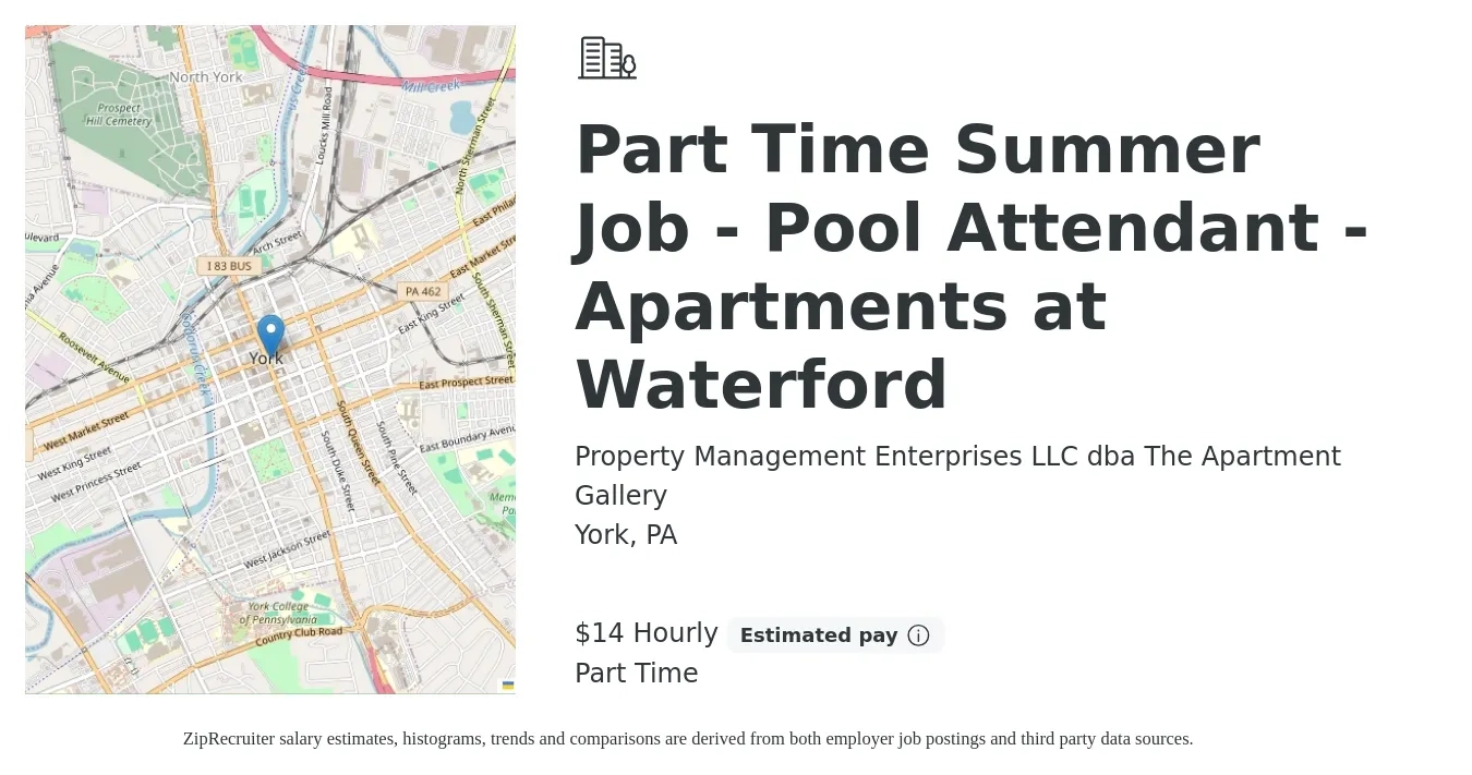 Property Management Enterprises LLC dba The Apartment Gallery job posting for a Part Time Summer Job - Pool Attendant - Apartments at Waterford in York, PA with a salary of $15 Hourly with a map of York location.