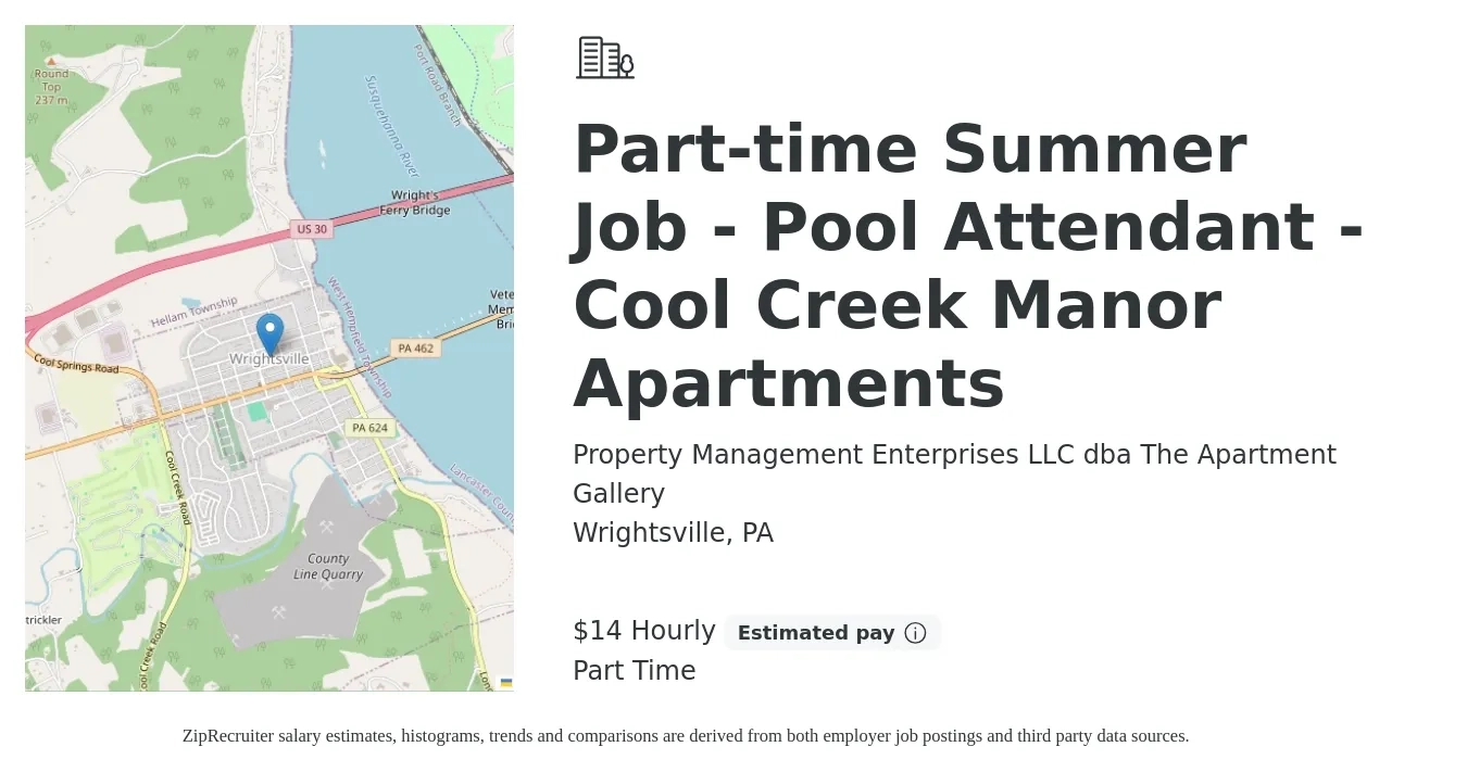 Property Management Enterprises LLC dba The Apartment Gallery job posting for a Part-time Summer Job - Pool Attendant - Cool Creek Manor Apartments in Wrightsville, PA with a salary of $15 Hourly with a map of Wrightsville location.