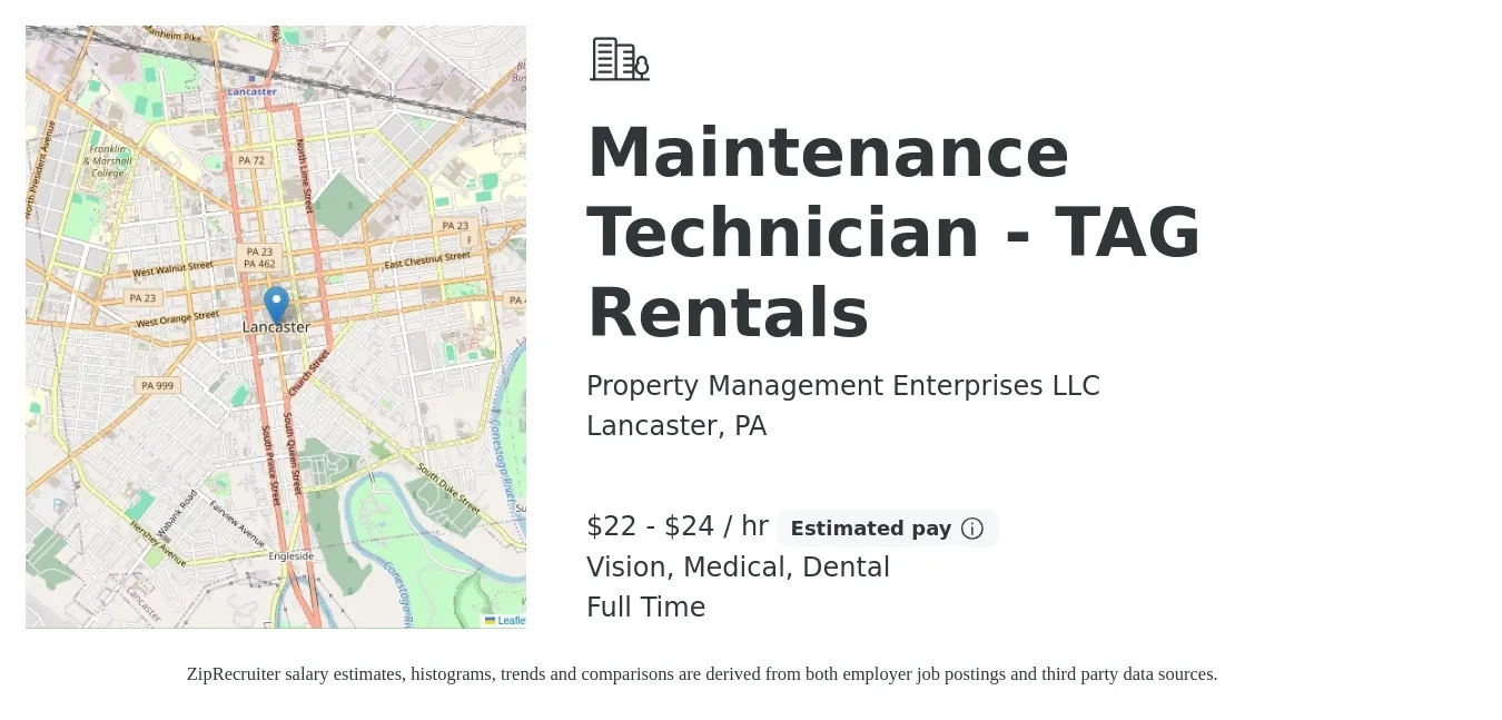 Property Management Enterprises LLC job posting for a Maintenance Technician - TAG Rentals in Lancaster, PA with a salary of $23 to $25 Hourly and benefits including life_insurance, medical, retirement, vision, and dental with a map of Lancaster location.