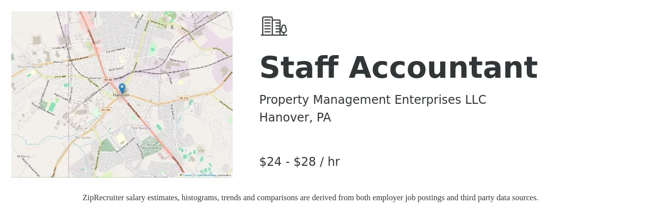Property Management Enterprises, LLC job posting for a Staff Accountant in Hanover, PA with a salary of $25 to $30 Hourly with a map of Hanover location.