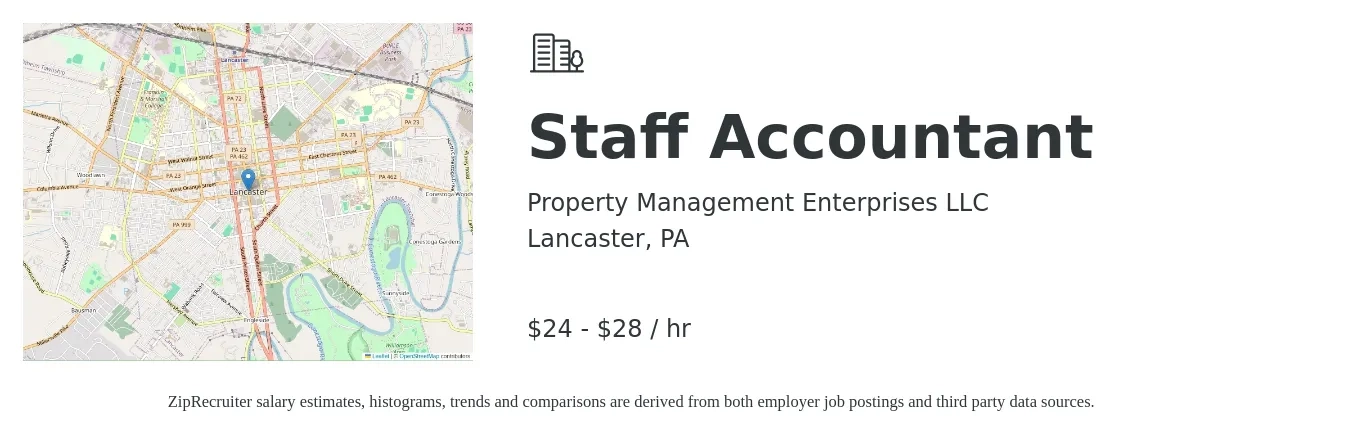 Property Management Enterprises, LLC job posting for a Staff Accountant in Lancaster, PA with a salary of $25 to $30 Hourly with a map of Lancaster location.