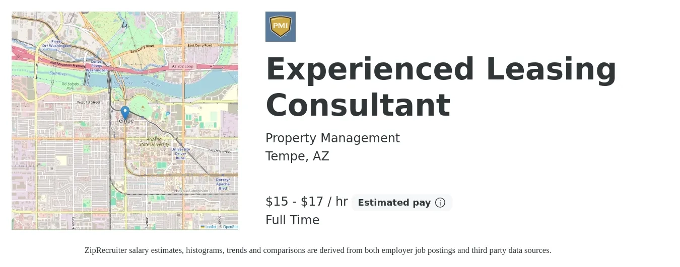 Property Management job posting for a Experienced Leasing Consultant in Tempe, AZ with a salary of $16 to $18 Hourly with a map of Tempe location.