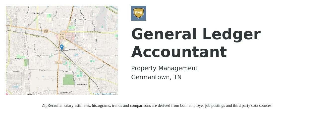 Property Management LLC job posting for a General Ledger Accountant in Germantown, TN with a salary of $48,400 to $66,400 Yearly with a map of Germantown location.