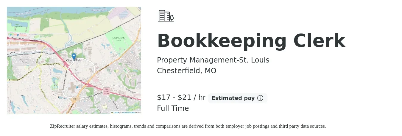 Property Management-St. Louis job posting for a Bookkeeping Clerk in Chesterfield, MO with a salary of $18 to $22 Hourly with a map of Chesterfield location.
