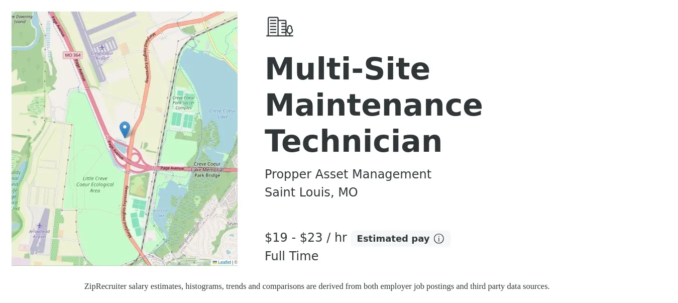 Propper Asset Management job posting for a Multi-Site Maintenance Technician in Saint Louis, MO with a salary of $20 to $24 Hourly with a map of Saint Louis location.