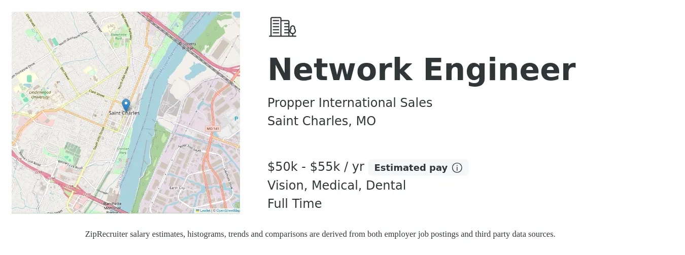 Propper International Sales, Inc job posting for a Network Engineer in Saint Charles, MO with a salary of $50,000 to $55,000 Yearly and benefits including vision, dental, life_insurance, medical, pto, and retirement with a map of Saint Charles location.