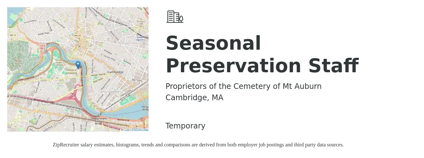 Proprietors of the Cemetery of Mt Auburn job posting for a Seasonal Preservation Staff in Cambridge, MA with a salary of $24 to $41 Hourly with a map of Cambridge location.