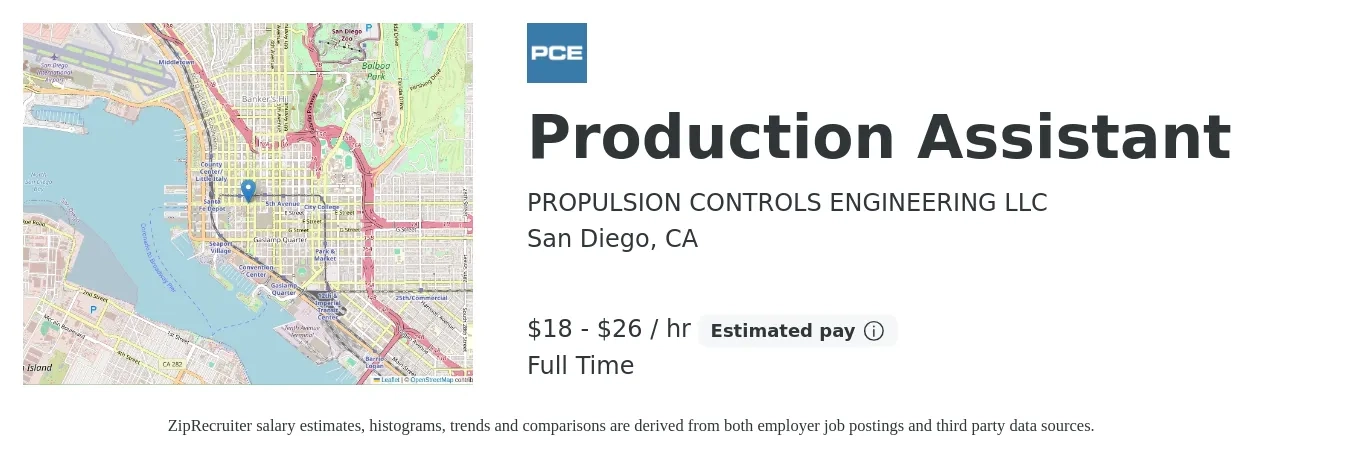 PROPULSION CONTROLS ENGINEERING LLC job posting for a Production Assistant in San Diego, CA with a salary of $19 to $28 Hourly with a map of San Diego location.