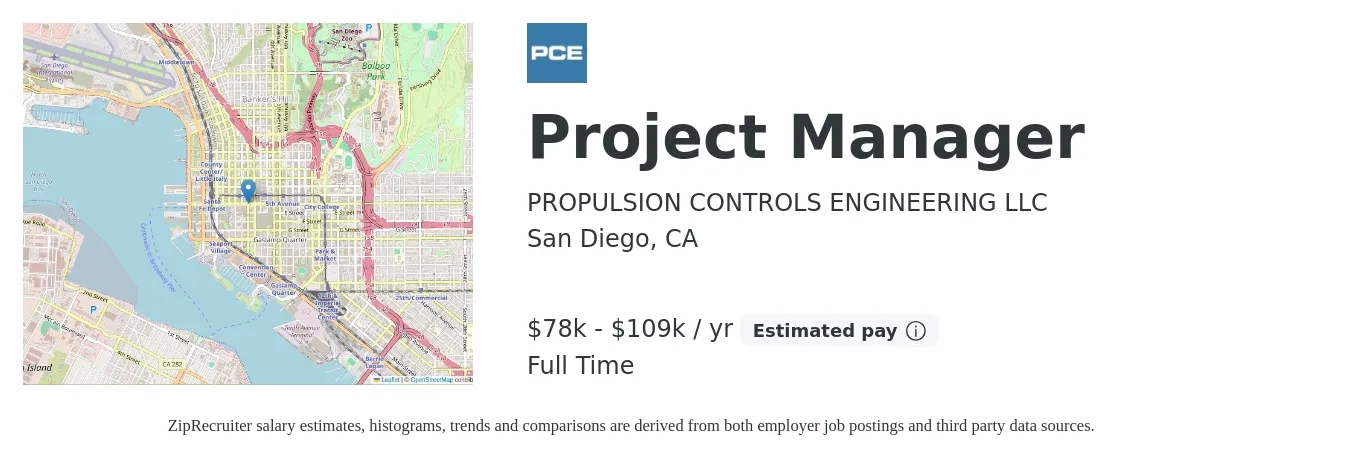 PROPULSION CONTROLS ENGINEERING LLC job posting for a Project Manager in San Diego, CA with a salary of $78,021 to $109,229 Yearly with a map of San Diego location.