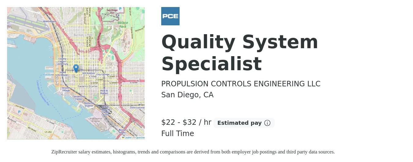 PROPULSION CONTROLS ENGINEERING LLC job posting for a Quality System Specialist in San Diego, CA with a salary of $23 to $33 Hourly with a map of San Diego location.