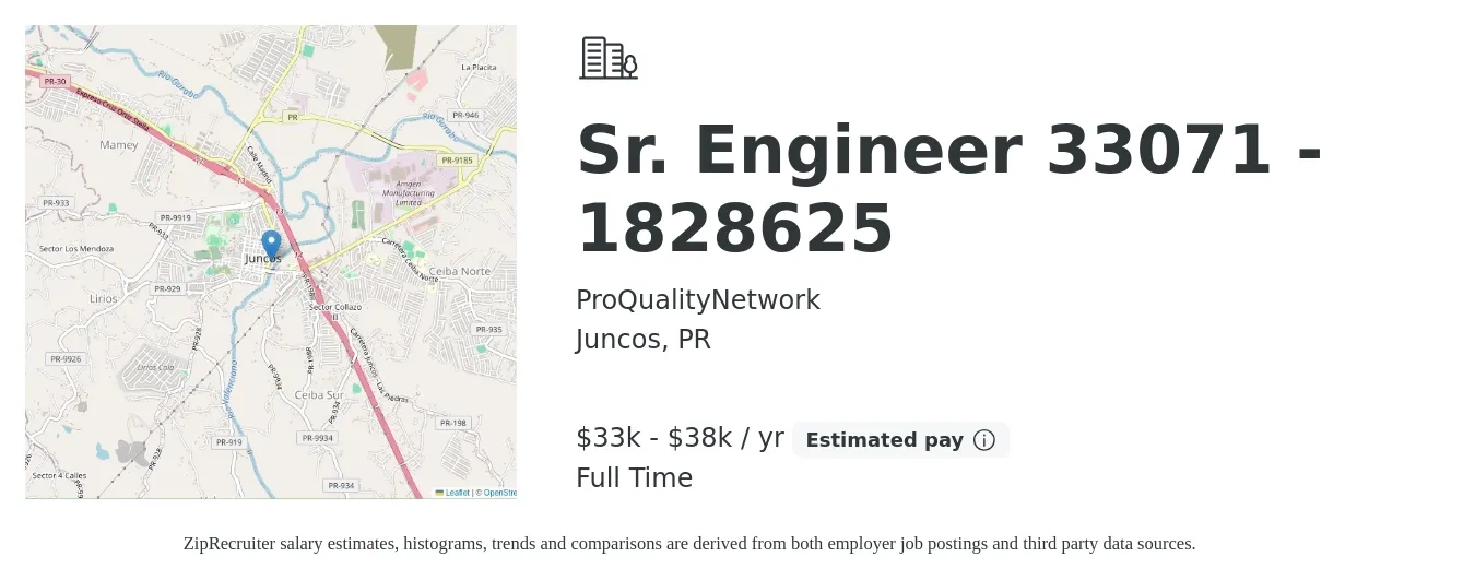 ProQualityNetwork job posting for a Sr. Engineer 33071 - 1828625 in Juncos, PR with a salary of $33,000 to $38,740 Yearly with a map of Juncos location.
