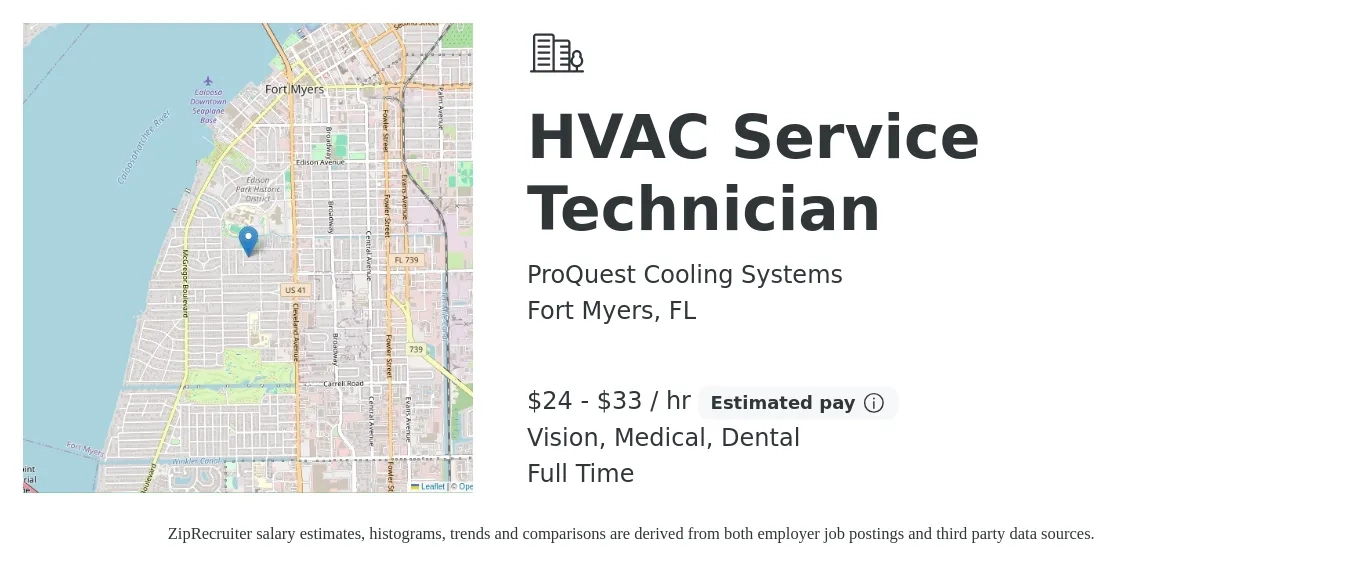 ProQuest Cooling Systems job posting for a HVAC Service Technician in Fort Myers, FL with a salary of $25 to $35 Hourly (plus commission) and benefits including dental, medical, and vision with a map of Fort Myers location.