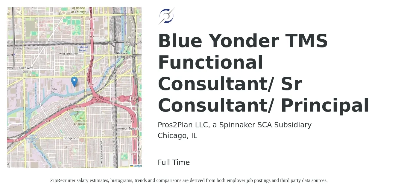 Pros2Plan LLC,  a Spinnaker SCA Subsidiary job posting for a Blue Yonder TMS Functional Consultant/ Sr Consultant/ Principal in Chicago, IL with a salary of $90,100 to $142,200 Yearly with a map of Chicago location.