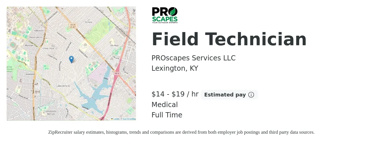 PROscapes Services LLC job posting for a Field Technician in Lexington, KY with a salary of $15 to $20 Hourly and benefits including pto, retirement, and medical with a map of Lexington location.