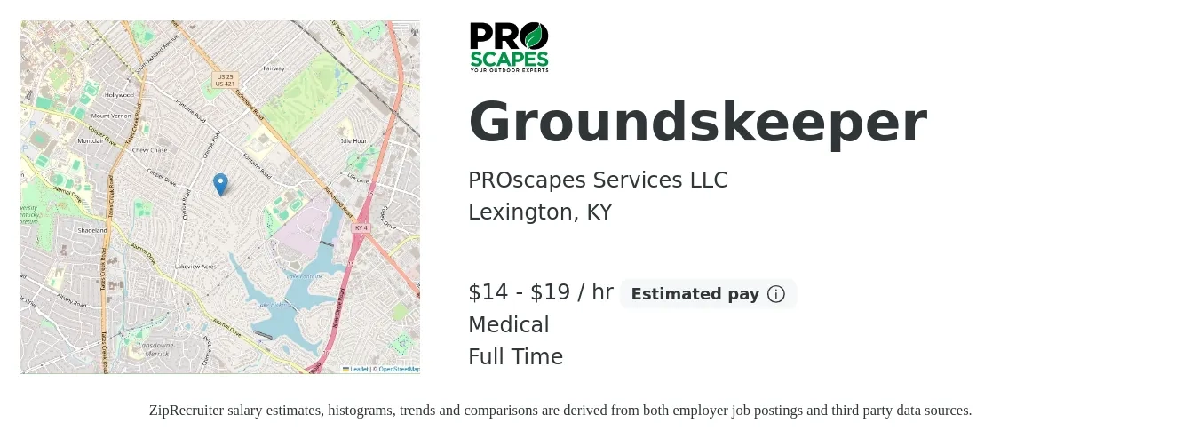 PROscapes Services LLC job posting for a Groundskeeper in Lexington, KY with a salary of $15 to $20 Hourly and benefits including pto, retirement, and medical with a map of Lexington location.